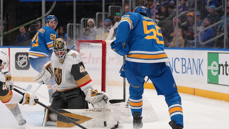 St. Louis Blues' Colton Parayko (55) is unable to score past Vegas Golden Knights goaltender...