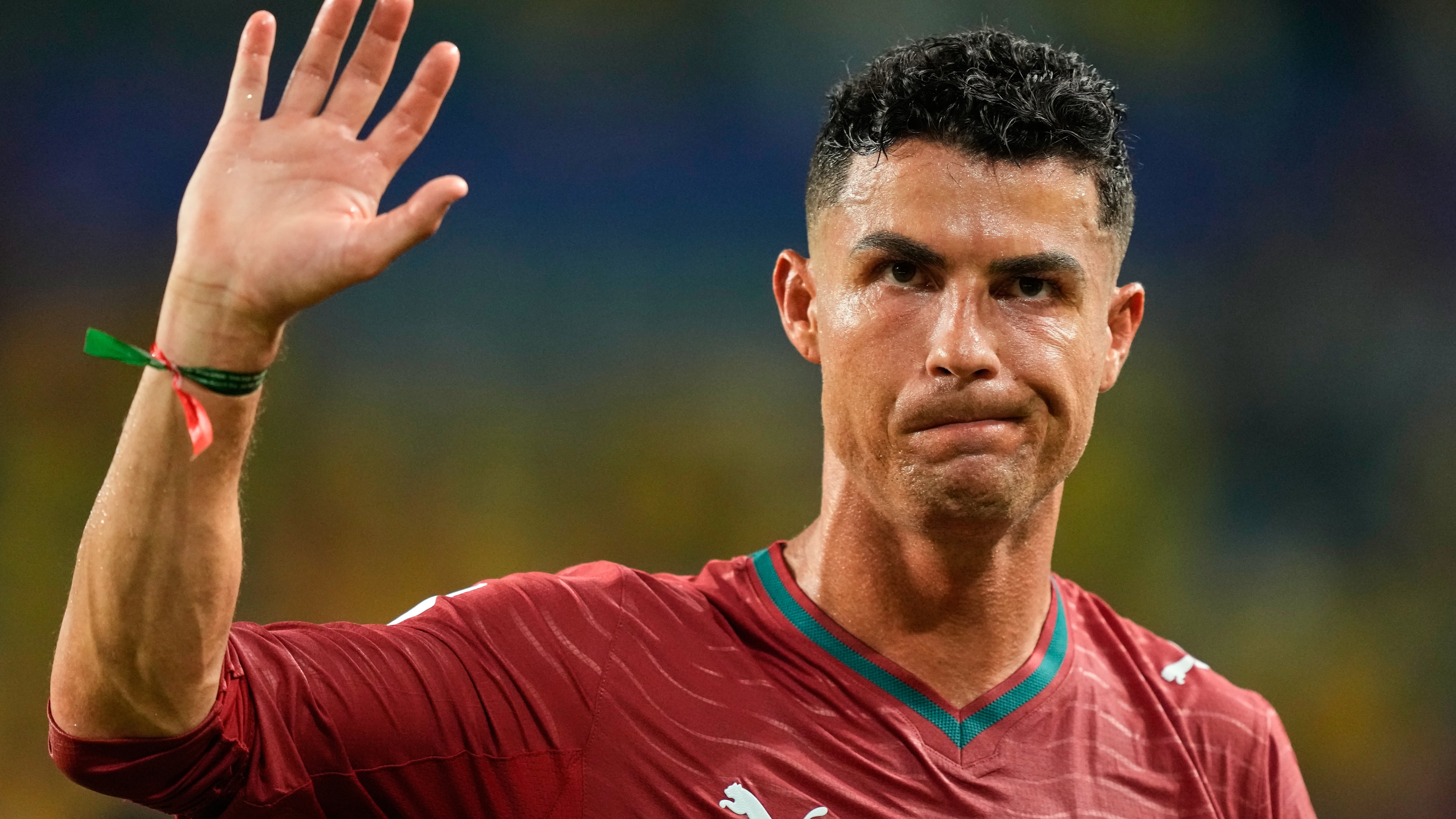 FILE - Portugal's Cristiano Ronaldo waves following the World Cup Group K soccer match between Colombia and Portugal in Miami Gardens, Fla., Saturday, June 27, 2026.