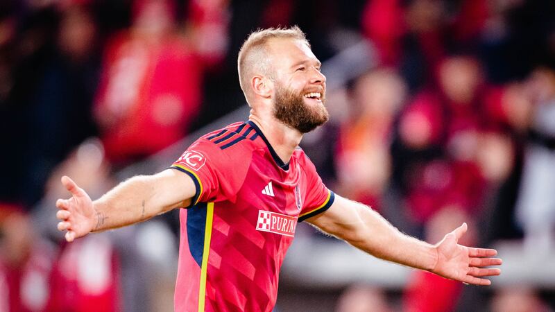 João Klauss celebrates after putting CITY SC up 3-1 against Charlotte FC.