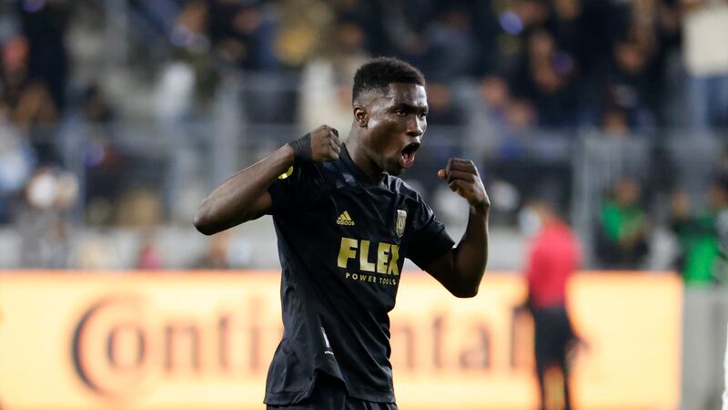 Los Angeles FC defender Mamadou Fall celebrates his goal against the Vancouver Whitecaps...