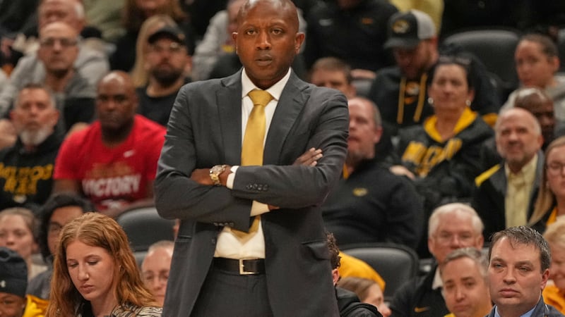 Missouri head coach Dennis Gates is seen on the sidelines during the first half of an NCAA...