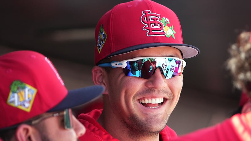 St. Louis Cardinals' Lars Nootbaar is seen in the dugout during the second inning of a spring...