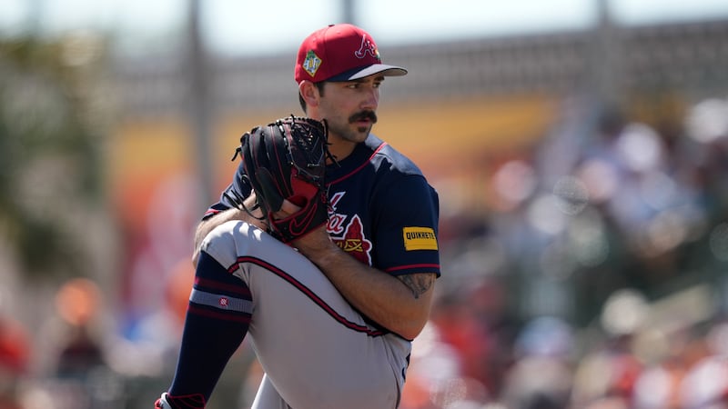 Atlanta Braves' Spencer Strider plays during a spring training baseball game, Saturday, Feb....