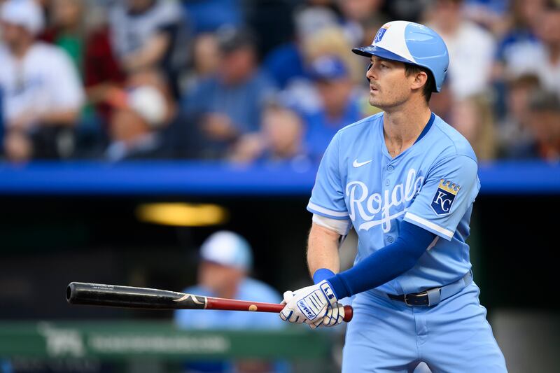 Kansas City Royals left fielder Mike Yastrzemski prepares to bat against the Minnesota Twins during the first inning of a baseball game in Kansas City, Mo., Saturday, Sept. 6, 2025. (AP Photo/Reed Hoffmann)
