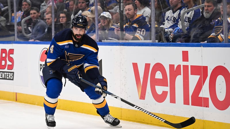 St. Louis Blues' Nick Leddy controls the puck against the Winnipeg Jets during the first...