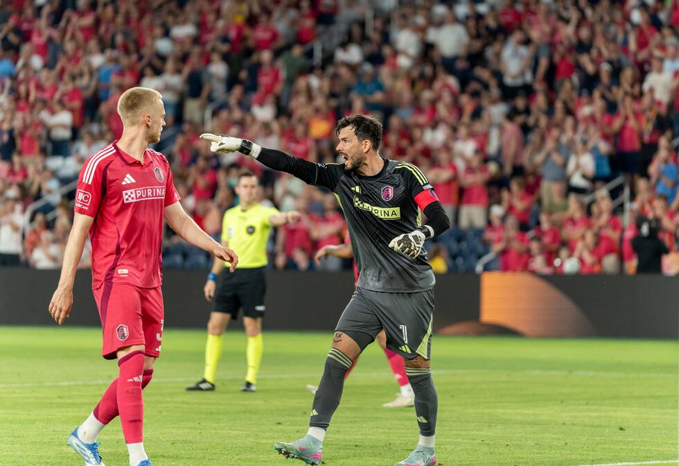 Roman Bürki organizing team after making a save in his return match vs Sporting KC.