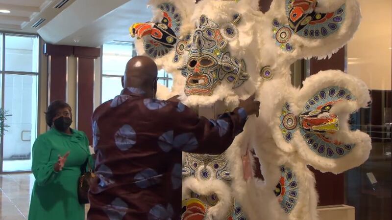 Chief Shaka Zulu brought over a Mardi Gras Indian Suit Tuesday to kick off Black History Month...