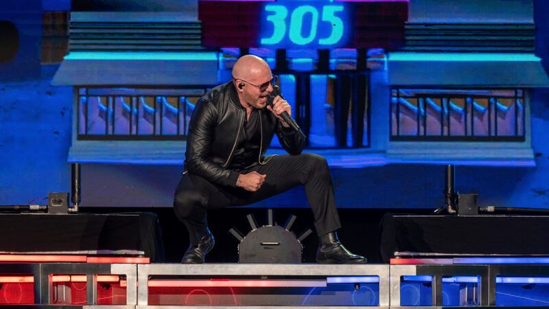 Pitbull performs at Ameris Bank Amphitheatre on Thursday, Oct 13, 2022, in Alpharetta, Ga....