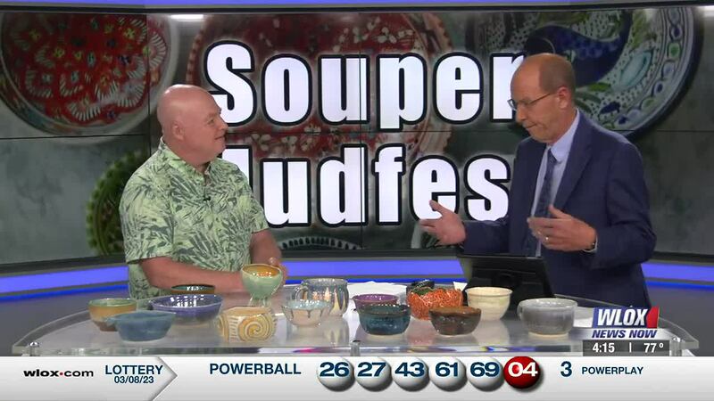 Steve Barney shows off some of the bowls up for sale at the 2023 Souper Mudfest. This year's...