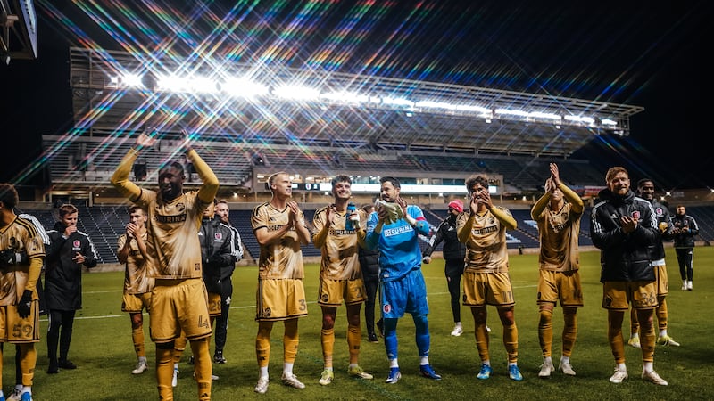 CITY SC celebrates after defeating Chicago Fire FC in the U.S. Open Cup.
