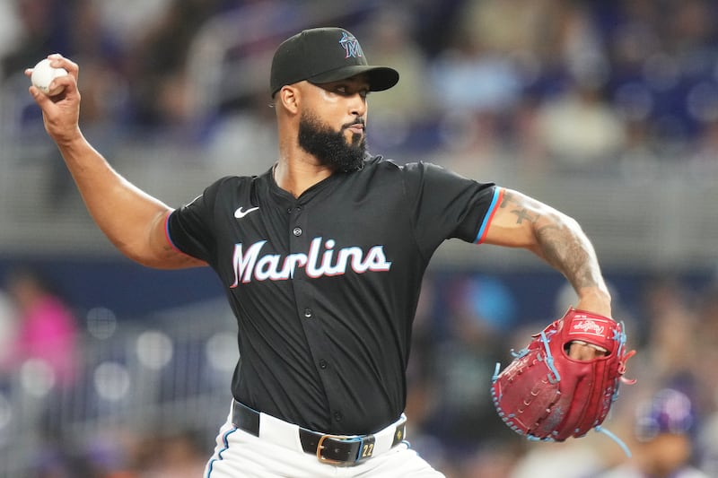 Miami Marlins starting pitcher Sandy Alcantara throws during the first inning of a baseball game against the New York Mets, Friday, Sept. 26, 2025, in Miami. (AP Photo/Lynne Sladky)