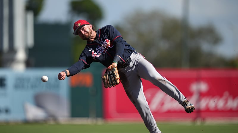 Atlanta Braves' Brett Wisely plays during a spring training baseball game, Saturday, Feb. 28,...