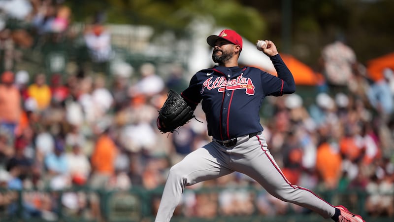 Atlanta Braves' Martín Pérez plays during a spring training baseball game, Saturday, Feb. 28,...