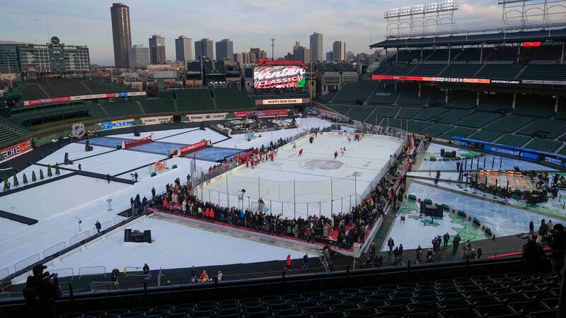 The Chicago Blackhawks practice on the day before the NHL Winter Classic outdoor hockey game...