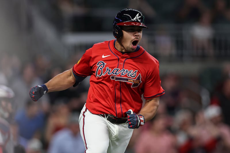 Atlanta Braves' Drake Baldwin reacts after hitting a game-winning pinch hit single in the eighth inning of a baseball game against the Minnesota Twins, Friday, April 18, 2025, in Atlanta. (AP Photo/Colin Hubbard)