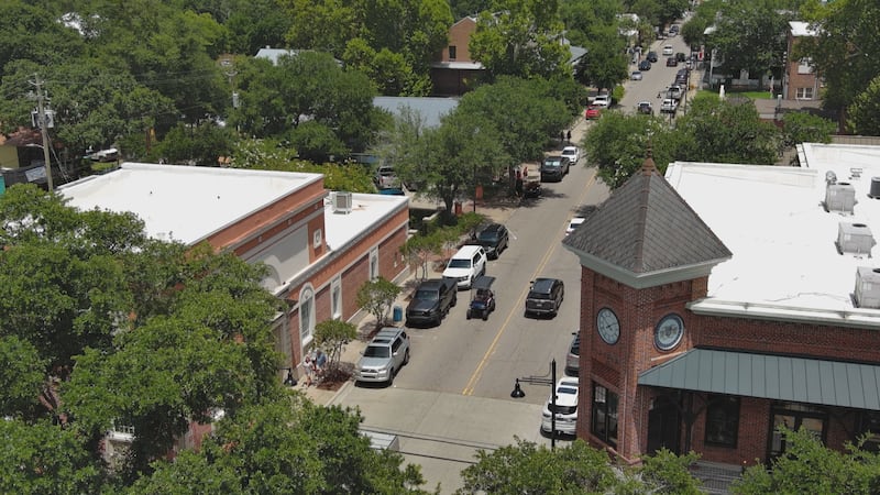 An aerial view of downtown Ocean Springs.