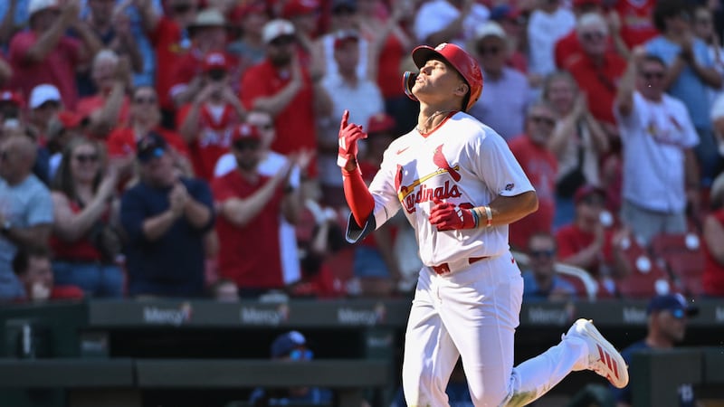St. Louis Cardinals' JJ Wetherholt reacts after hitting a homer against the Tampa Bay Rays...