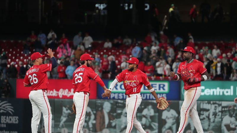 St. Louis Cardinals, from left to right, JJ Wetherholt, Thomas Saggese, Victor Scott II and...