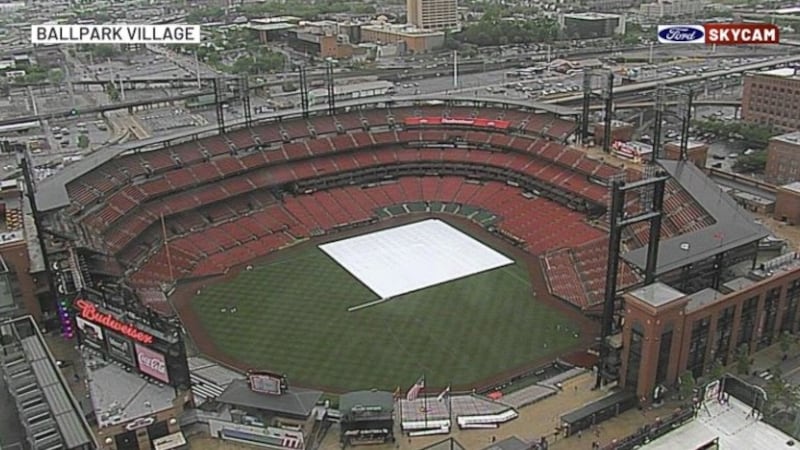 The tarp on the field of Busch Stadium on May 5, 2026