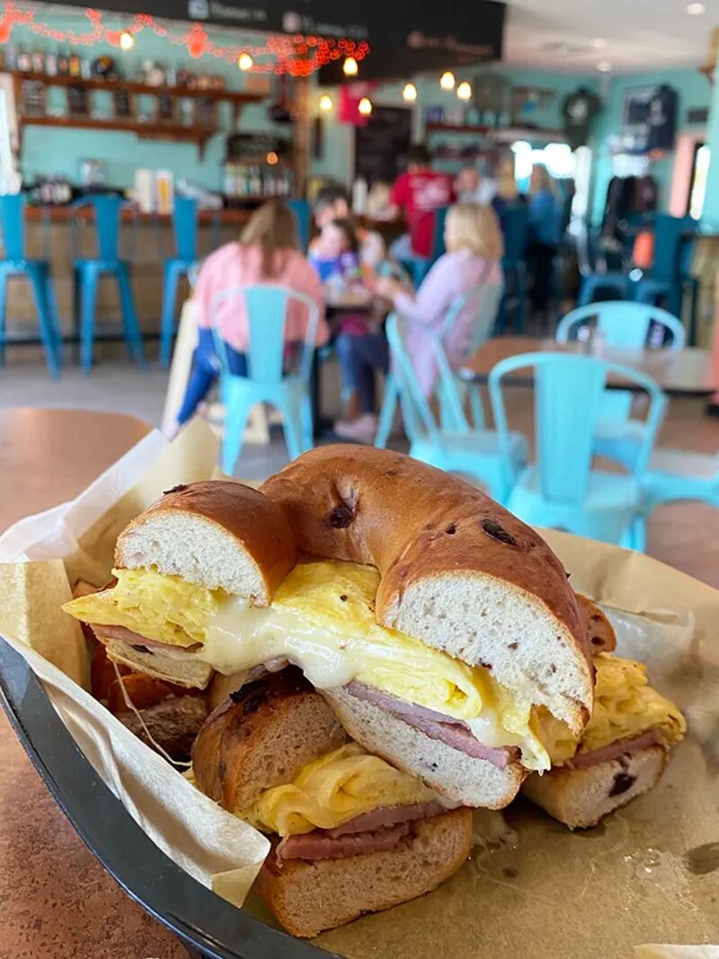 Ham, egg and cheese on a cinnamon raisin bagel at 59 Causeway in Ocean Isle Beach.