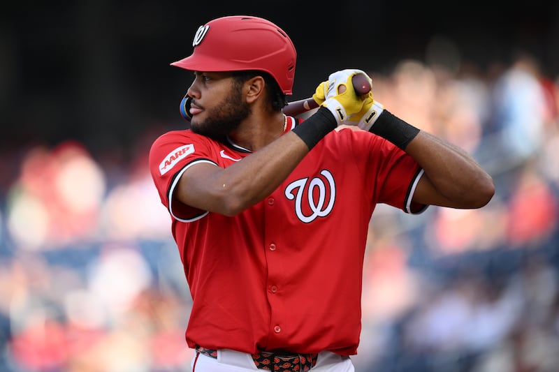 Washington Nationals' James Wood in action during a baseball game against the Chicago White Sox, Sunday, Sept. 28, 2025, in Washington. (AP Photo/Nick Wass)
