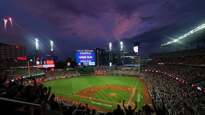 Truist Park is viewed after a home run by Atlanta Braves' Ozzie Albies during the fifth inning...