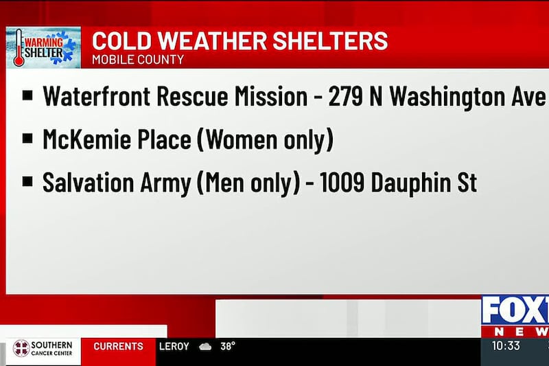 Cold weather shelters open Jan. 25 across the Gulf Coast