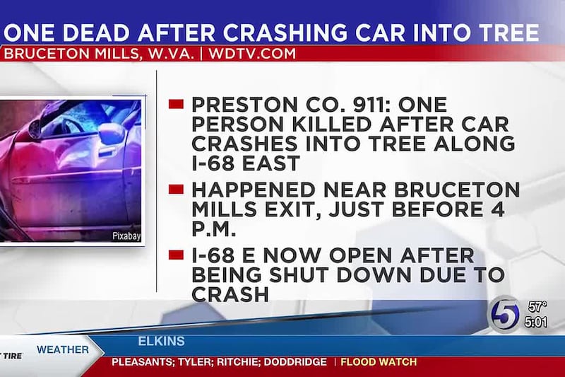 UPDATE: 1 person killed after car crashes into tree along I-68 in Preston County