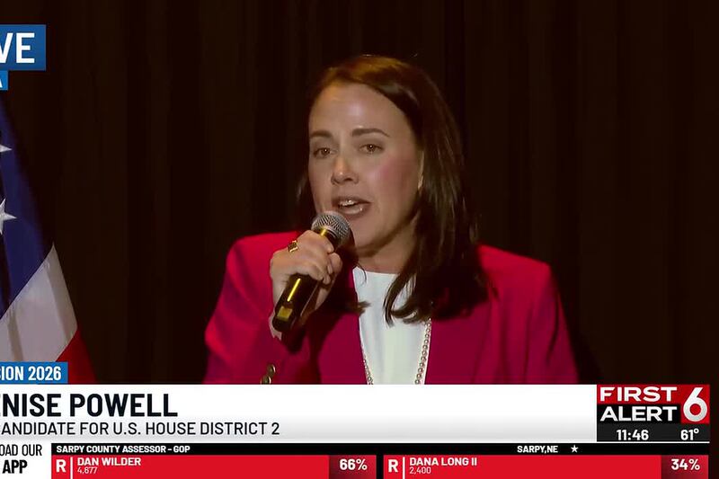 Denise Powell addresses supporters after taking lead in NE-02