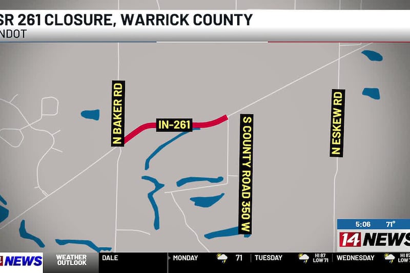 Road closed Monday on SR 261 in Warrick Co.