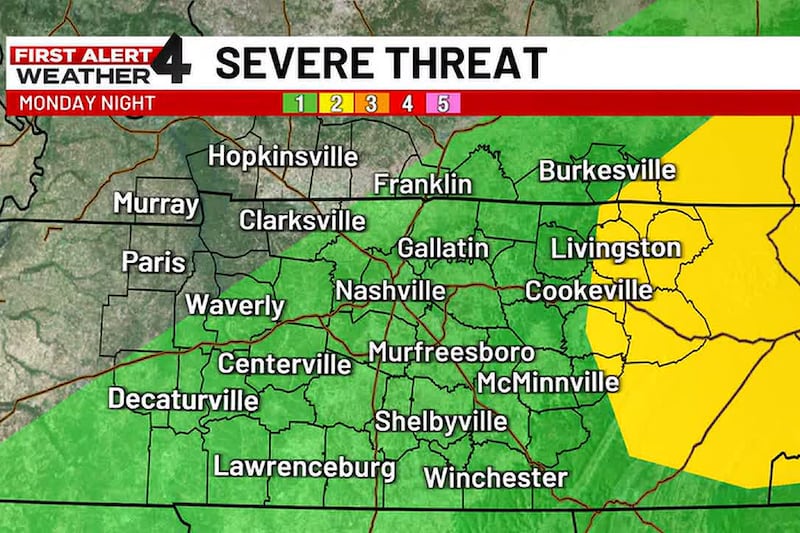 Some strong, severe storms expected Monday night in Middle TN