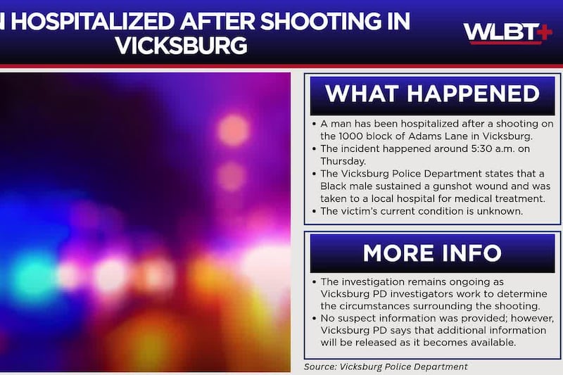 Man hospitalized after shooting in Vicksburg